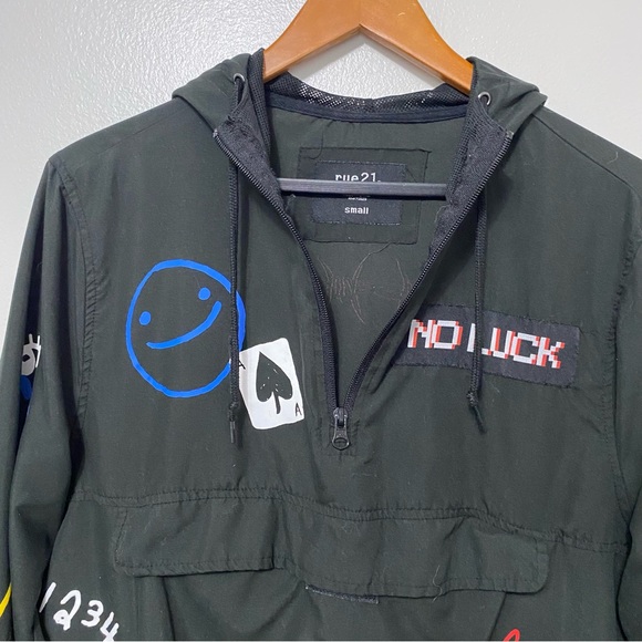Rue 21 No Luck Forever Young Graphic Hoodie Anorak Windbreaker Jacket Mens Small - Picture 5 of 17
